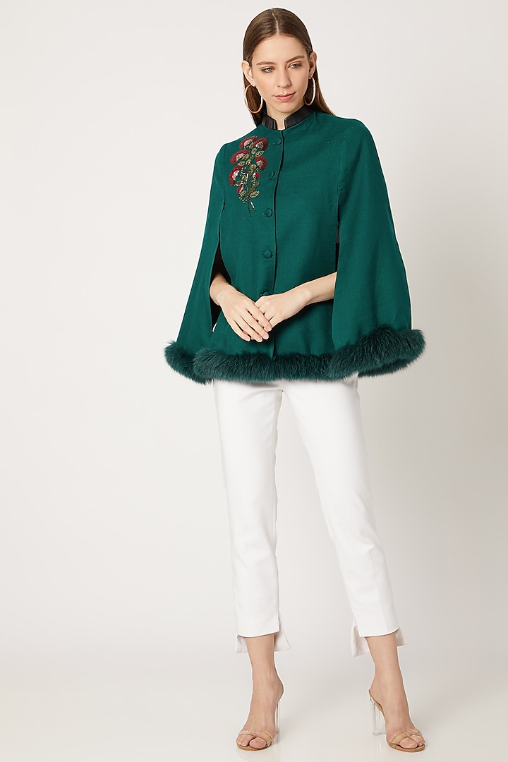 Bottle Green Embroidered Cape by Neiza Shawls