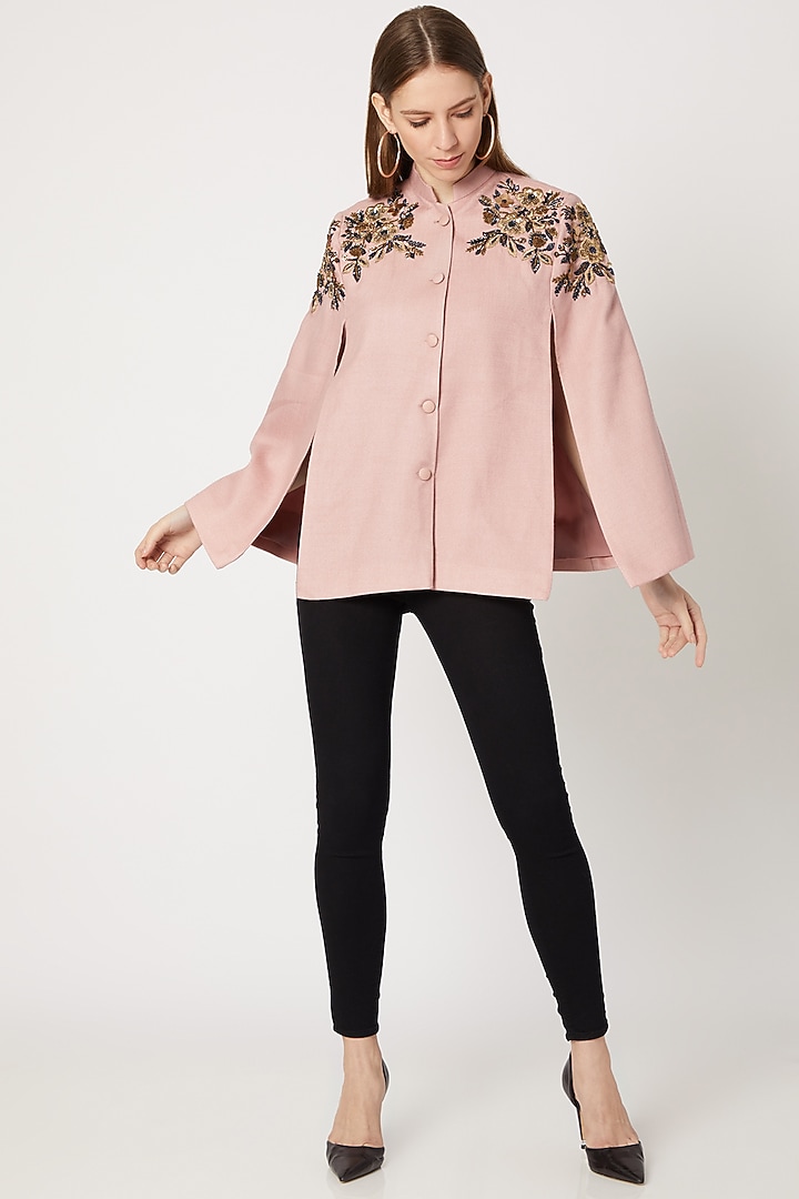 Blush Pink Embroidered Woolen Cape by Neiza Shawls at Pernia's Pop Up Shop