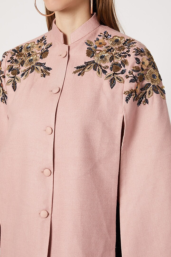 Blush Pink Embroidered Woolen Cape by Neiza Shawls at Pernia's Pop Up Shop