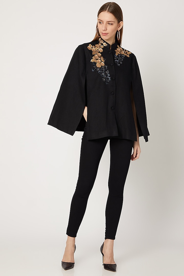 Black Sequins Embroidered Cape by Neiza Shawls