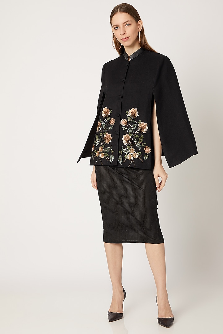 Black Embroidered Cape With Leather Collar by Neiza Shawls