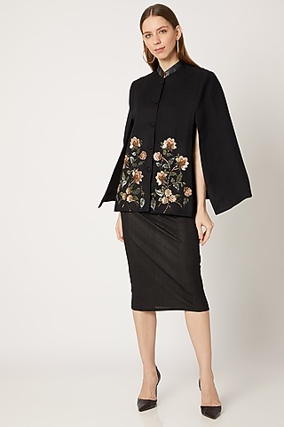 Black Embroidered Cape With Leather Collar by Neiza Shawls