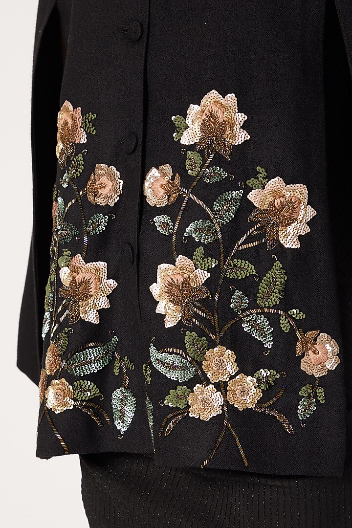 Black Embroidered Cape With Leather Collar by Neiza Shawls at Pernia's Pop Up Shop