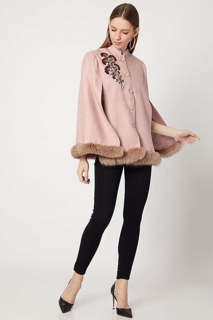 Blush Pink Embroidered Cape With Fur by Neiza Shawls