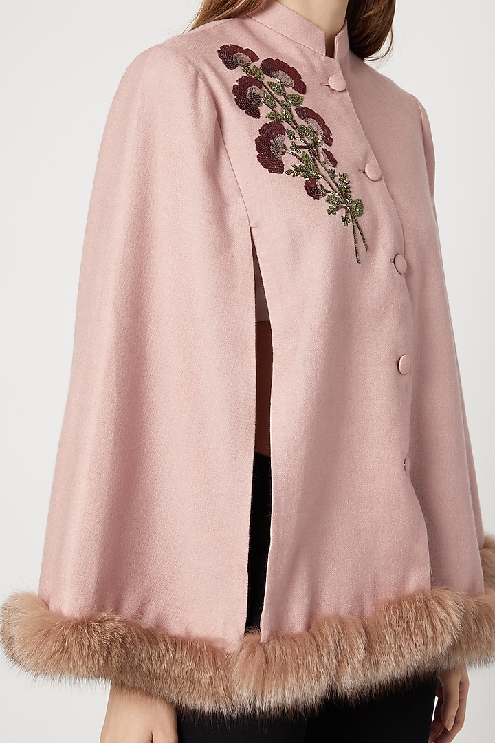 Blush Pink Embroidered Cape With Fur by Neiza Shawls at Pernia's Pop Up Shop
