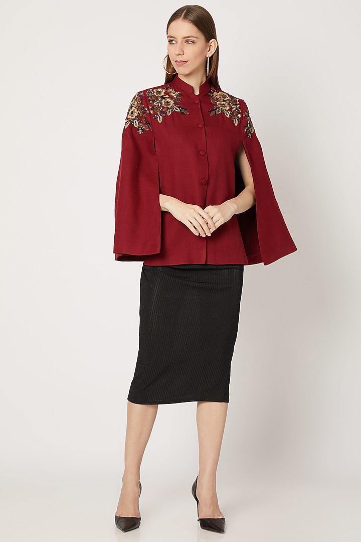 Maroon Hand Embroidered Cape by Neiza Shawls