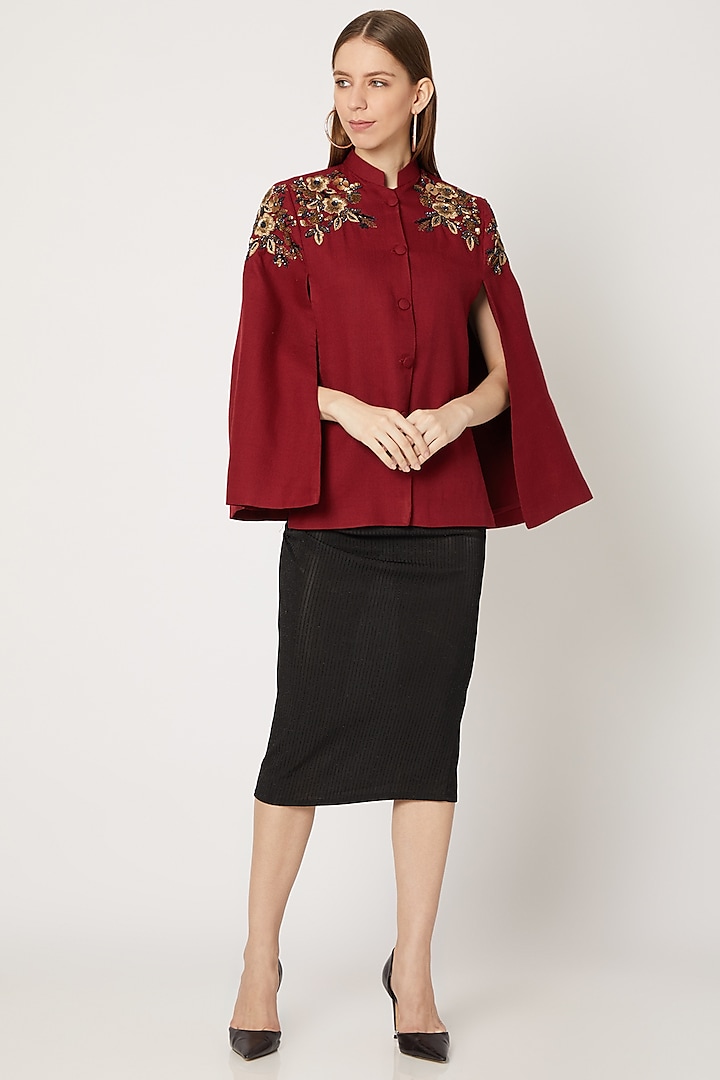 Maroon Hand Embroidered Cape by Neiza Shawls at Pernia's Pop Up Shop