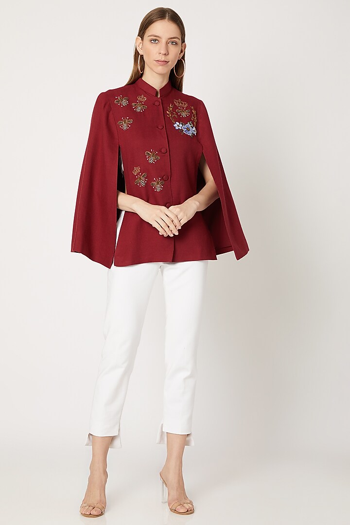Maroon Sequins Embroidered Cape by Neiza Shawls