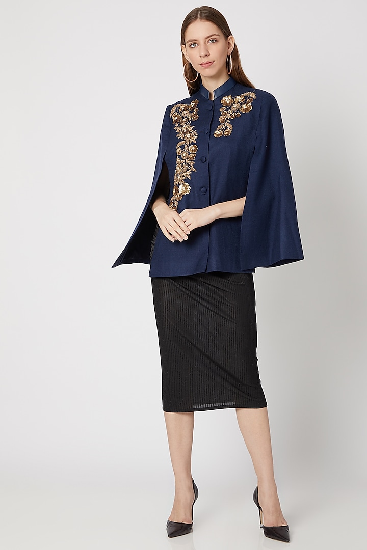 Navy Blue Embroidered Cape by Neiza Shawls