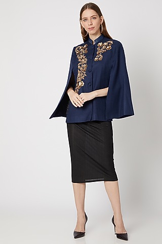 Navy Blue Embroidered Cape by Neiza Shawls