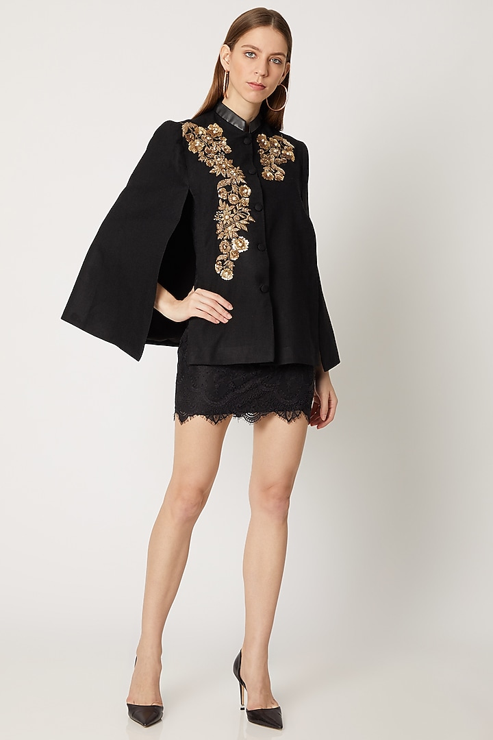 Black Embroidered Cape With Collar by Neiza Shawls