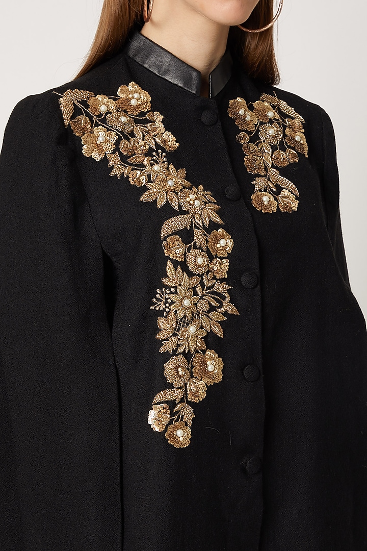 Black Embroidered Cape With Collar by Neiza Shawls at Pernia's Pop Up Shop