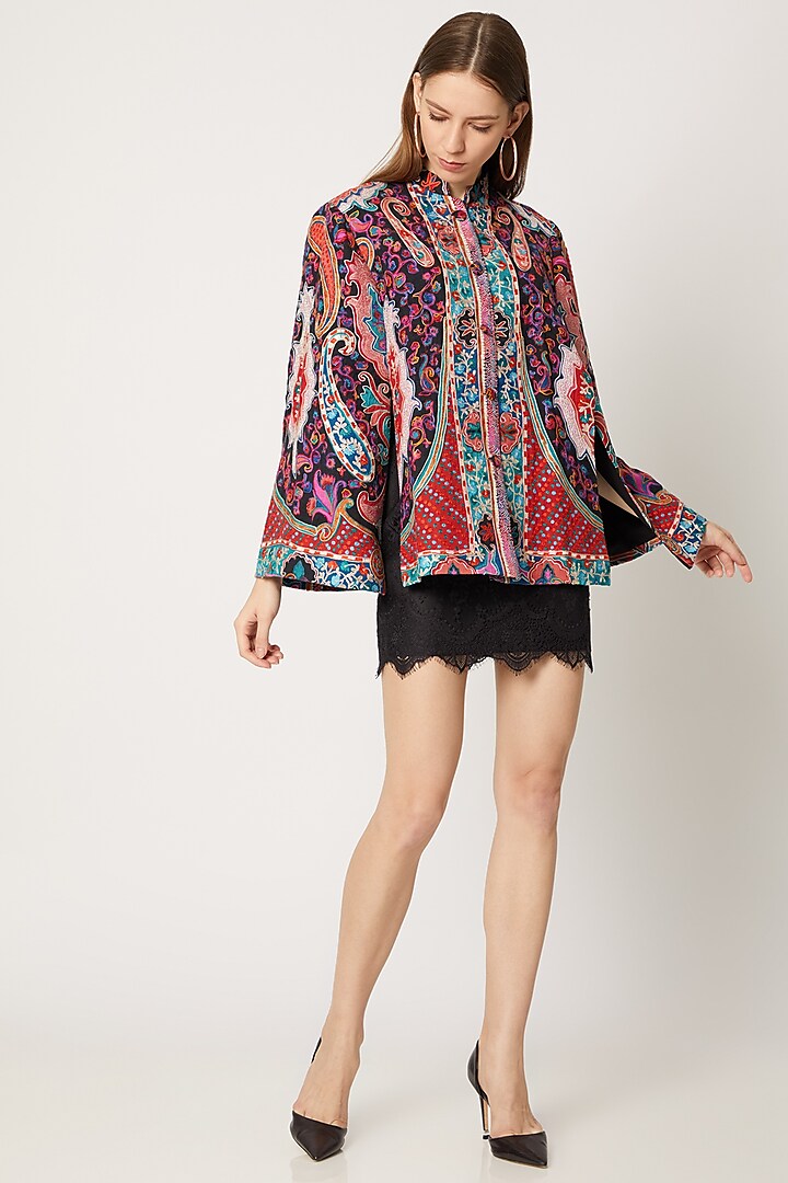Black Printed & Embroidered Cape by Neiza Shawls
