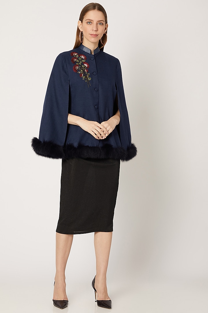 Navy Blue Embroidered Cape With Fur by Neiza Shawls