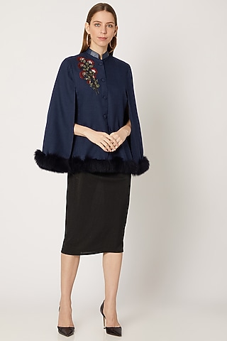 Navy Blue Embroidered Cape With Fur by Neiza Shawls