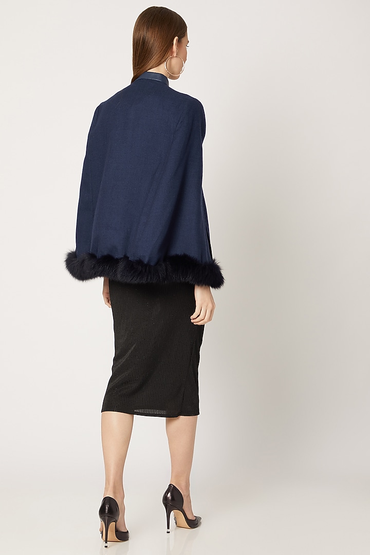 Navy Blue Embroidered Cape With Fur by Neiza Shawls at Pernia's Pop Up Shop