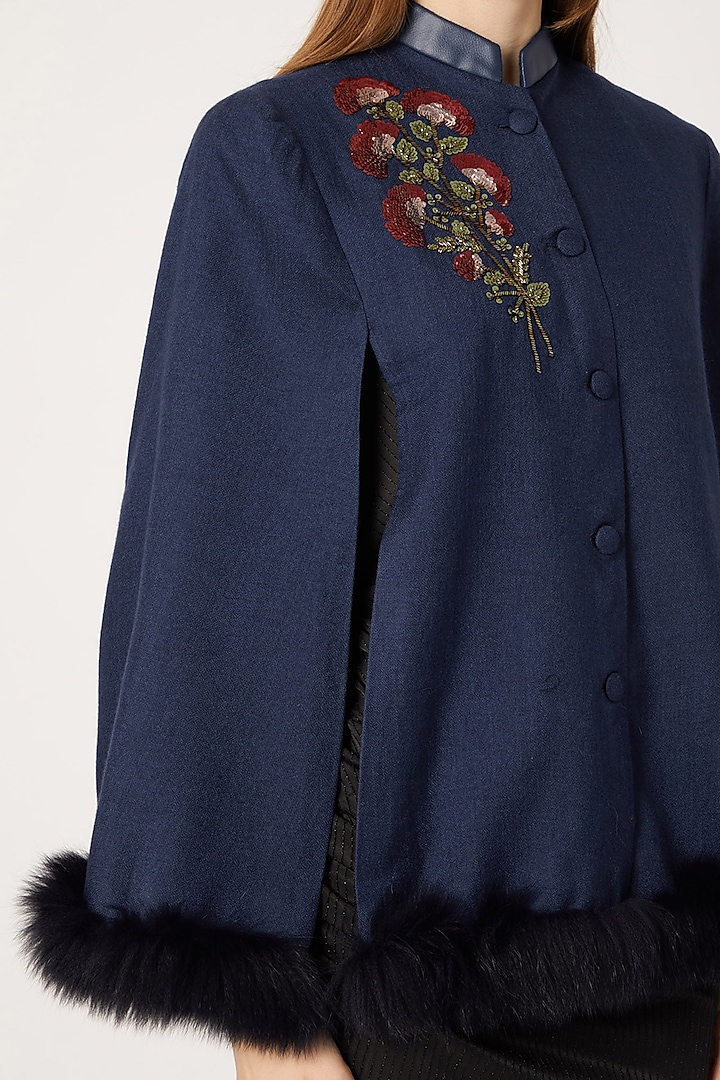 Navy Blue Embroidered Cape With Fur by Neiza Shawls at Pernia's Pop Up Shop