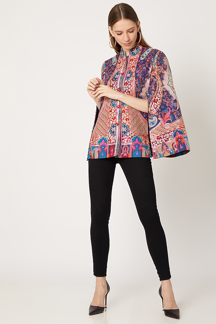 Navy Blue Printed Kalamkari Cape by Neiza Shawls at Pernia's Pop Up Shop