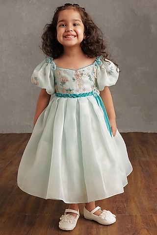 Powder Blue Crepe Embellished Pleated Dress For Girls by NSS Little Stars