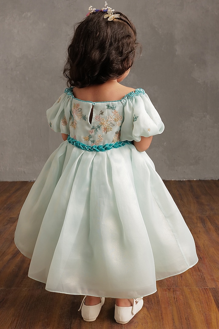 Powder Blue Crepe Embellished Pleated Dress For Girls by NSS Little Stars at Pernia's Pop Up Shop