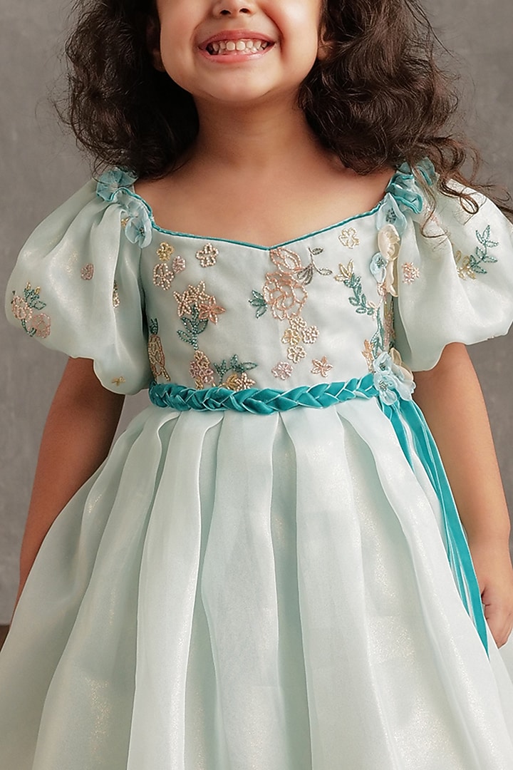 Powder Blue Crepe Embellished Pleated Dress For Girls by NSS Little Stars at Pernia's Pop Up Shop