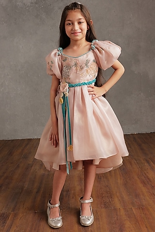 Blush Pink Crepe Embellished Pleated Dress For Girls by NSS Little Stars