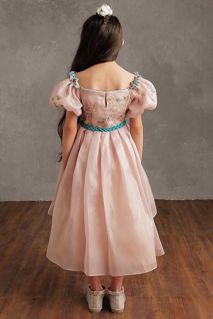 Blush Pink Crepe Embellished Pleated Dress For Girls by NSS Little Stars at Pernia's Pop Up Shop