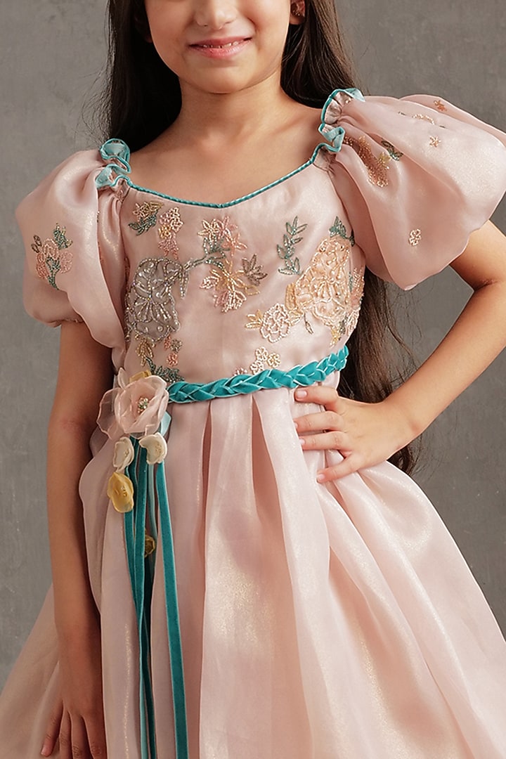 Blush Pink Crepe Embellished Pleated Dress For Girls by NSS Little Stars at Pernia's Pop Up Shop
