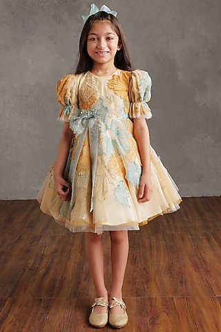Beige Crepe Embroidered Dress For Girls by NSS Little Stars