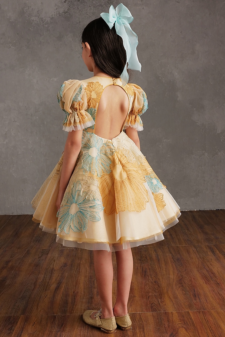 Beige Crepe Embroidered Dress For Girls by NSS Little Stars at Pernia's Pop Up Shop