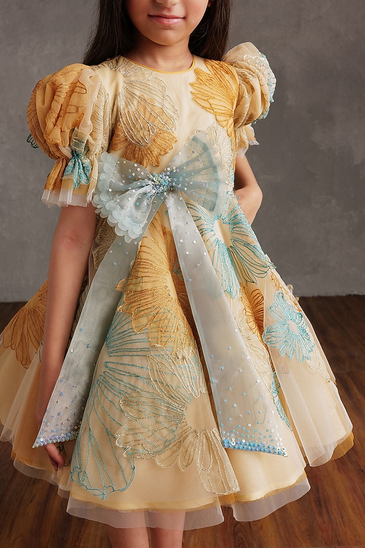 Beige Crepe Embroidered Dress For Girls by NSS Little Stars at Pernia's Pop Up Shop