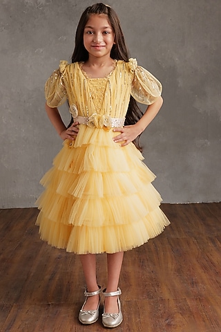Beige Crepe & Satin Hand Embroidered Dress For Girls by NSS Little Stars