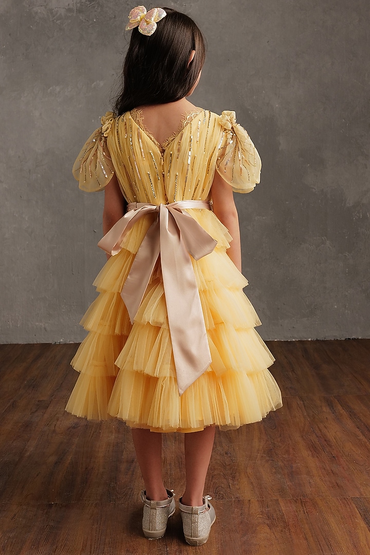 Beige Crepe & Satin Hand Embroidered Dress For Girls by NSS Little Stars at Pernia's Pop Up Shop