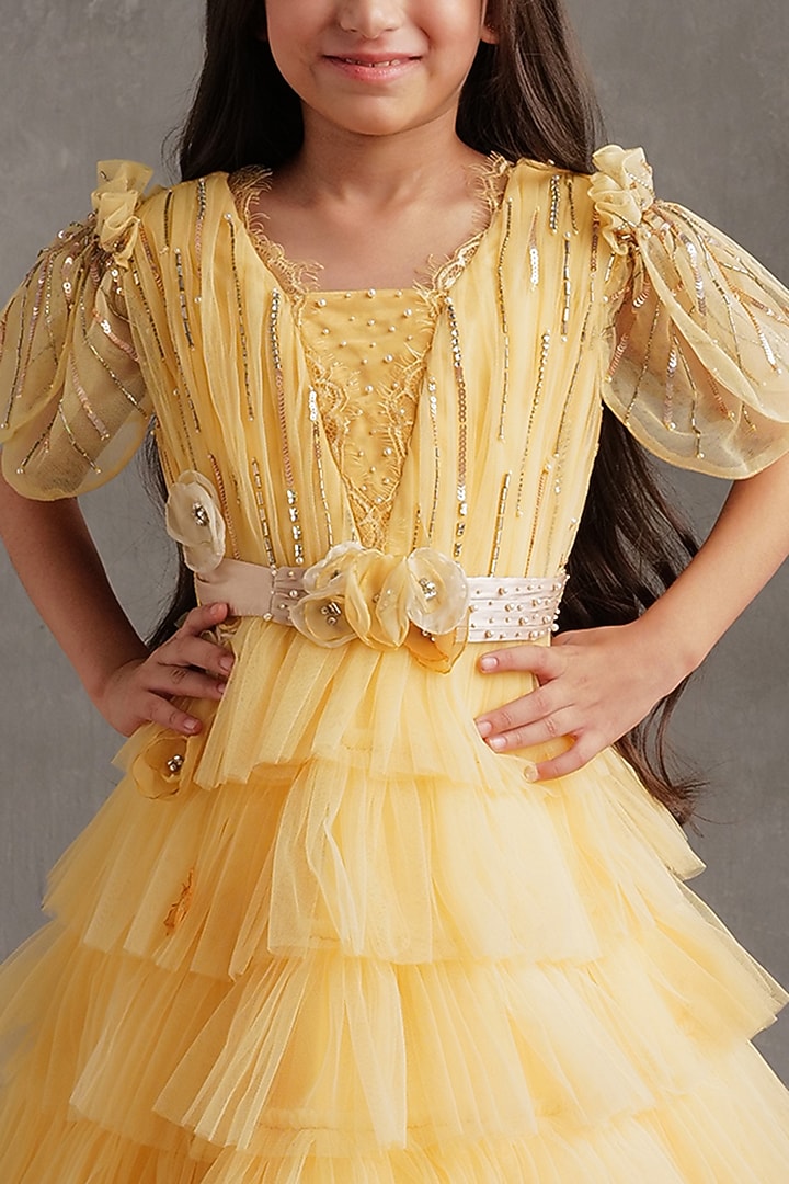 Beige Crepe & Satin Hand Embroidered Dress For Girls by NSS Little Stars at Pernia's Pop Up Shop