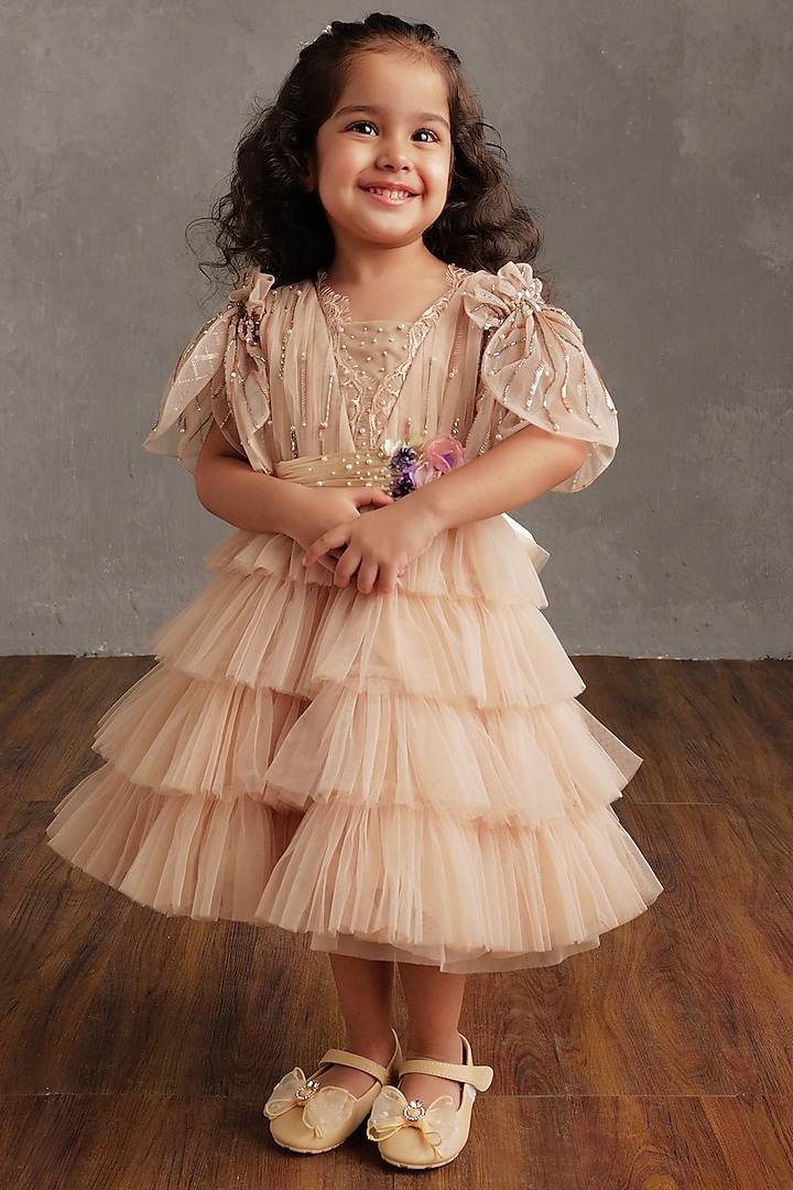 Blush Pink Crepe & Satin Hand Embroidered Dress For Girls by NSS Little Stars