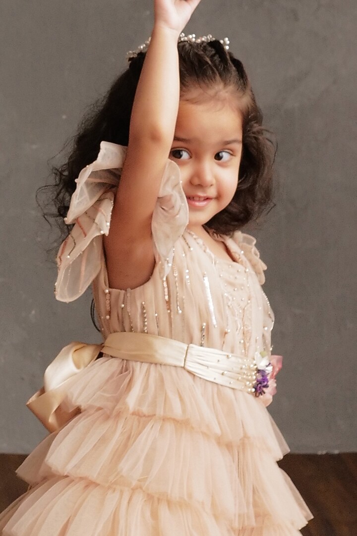 Blush Pink Crepe & Satin Hand Embroidered Dress For Girls by NSS Little Stars at Pernia's Pop Up Shop