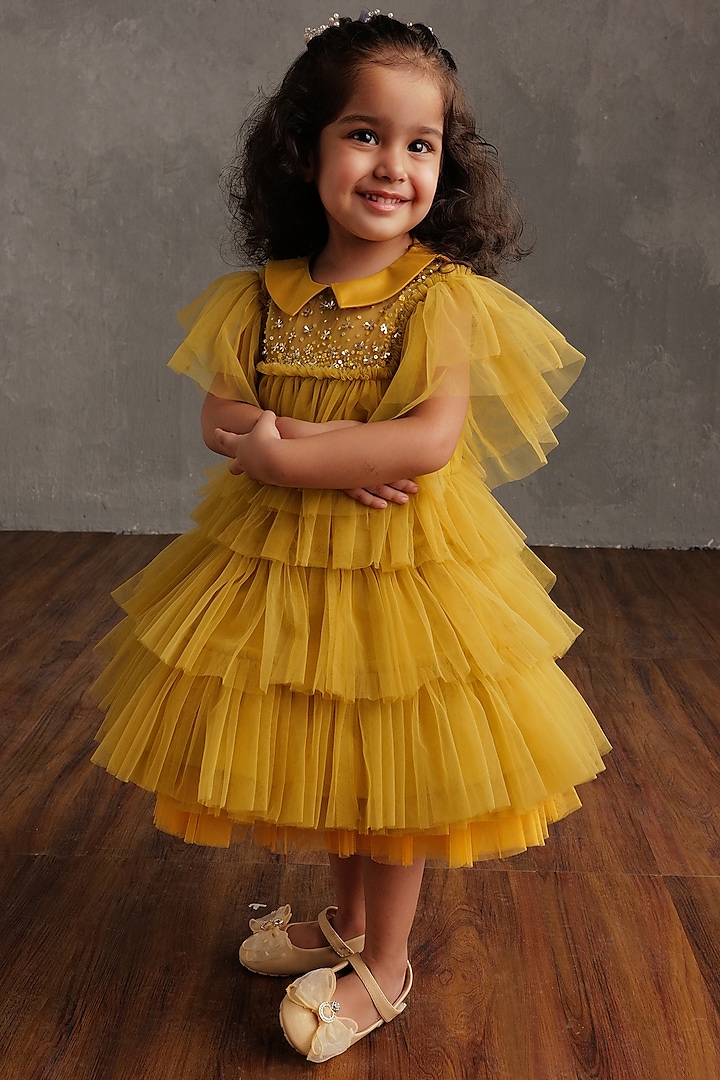 Olive Yellow Crepe Embroidered Dress For Girls by NSS Little Stars