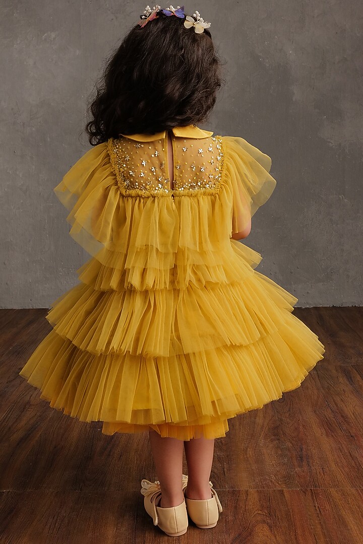Olive Yellow Crepe Embroidered Dress For Girls by NSS Little Stars at Pernia's Pop Up Shop