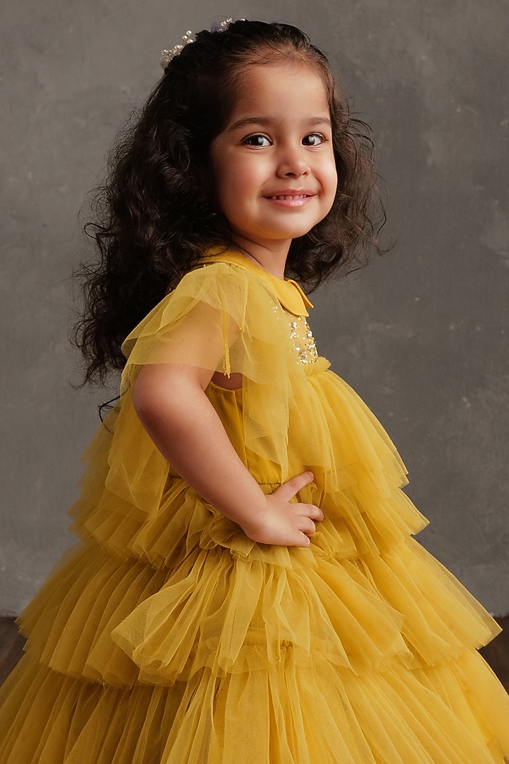 Olive Yellow Crepe Embroidered Dress For Girls by NSS Little Stars at Pernia's Pop Up Shop