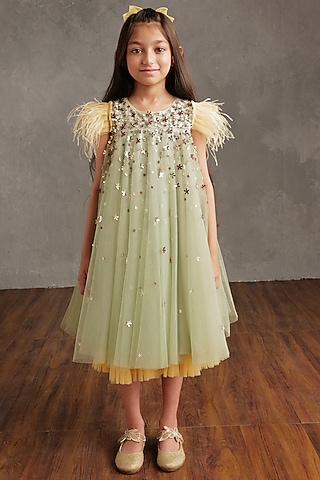 Sea Green Crepe Embroidered Flared Dress For Girls by NSS Little Stars