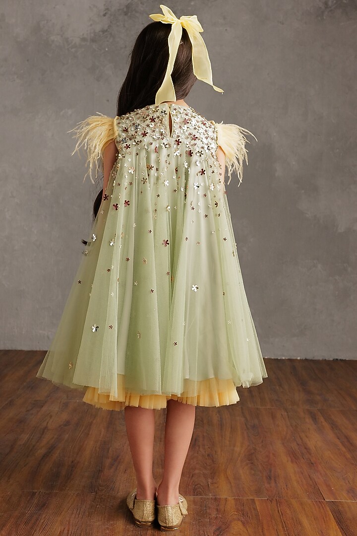 Sea Green Crepe Embroidered Flared Dress For Girls by NSS Little Stars at Pernia's Pop Up Shop