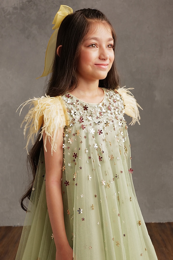 Sea Green Crepe Embroidered Flared Dress For Girls by NSS Little Stars at Pernia's Pop Up Shop