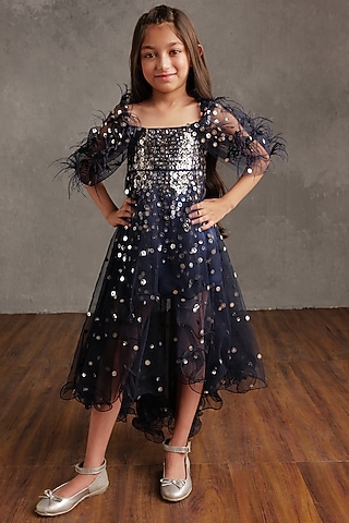 Navy Blue Crepe & Fluid Organza Embroidered Dress For Girls by NSS Little Stars