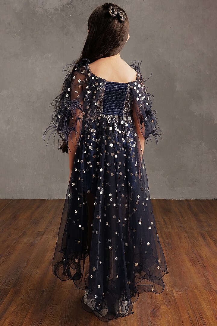 Navy Blue Crepe & Fluid Organza Embroidered Dress For Girls by NSS Little Stars at Pernia's Pop Up Shop