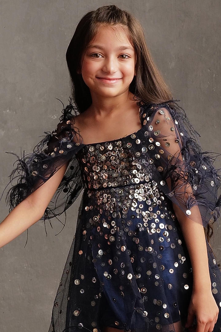 Navy Blue Crepe & Fluid Organza Embroidered Dress For Girls by NSS Little Stars at Pernia's Pop Up Shop
