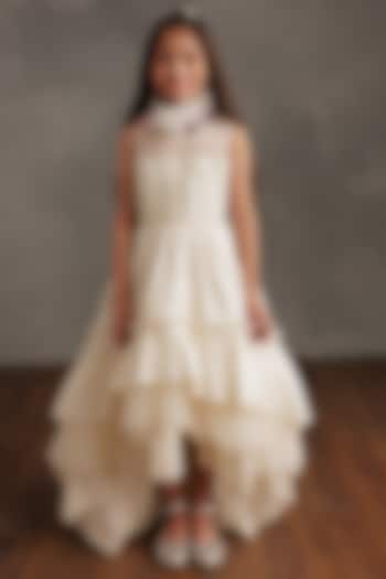 Ivory Taffeta & Tulle Embellished Frilled Dress For Girls by NSS Little Stars