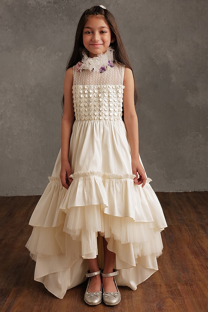 Ivory Taffeta & Tulle Embellished Frilled Dress For Girls by NSS Little Stars