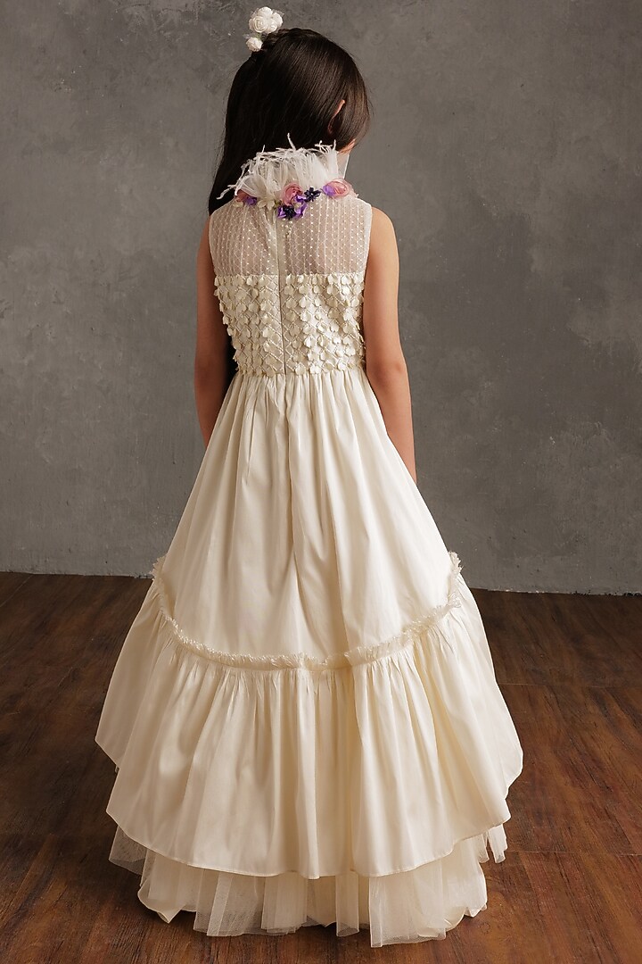 Ivory Taffeta & Tulle Embellished Frilled Dress For Girls by NSS Little Stars at Pernia's Pop Up Shop