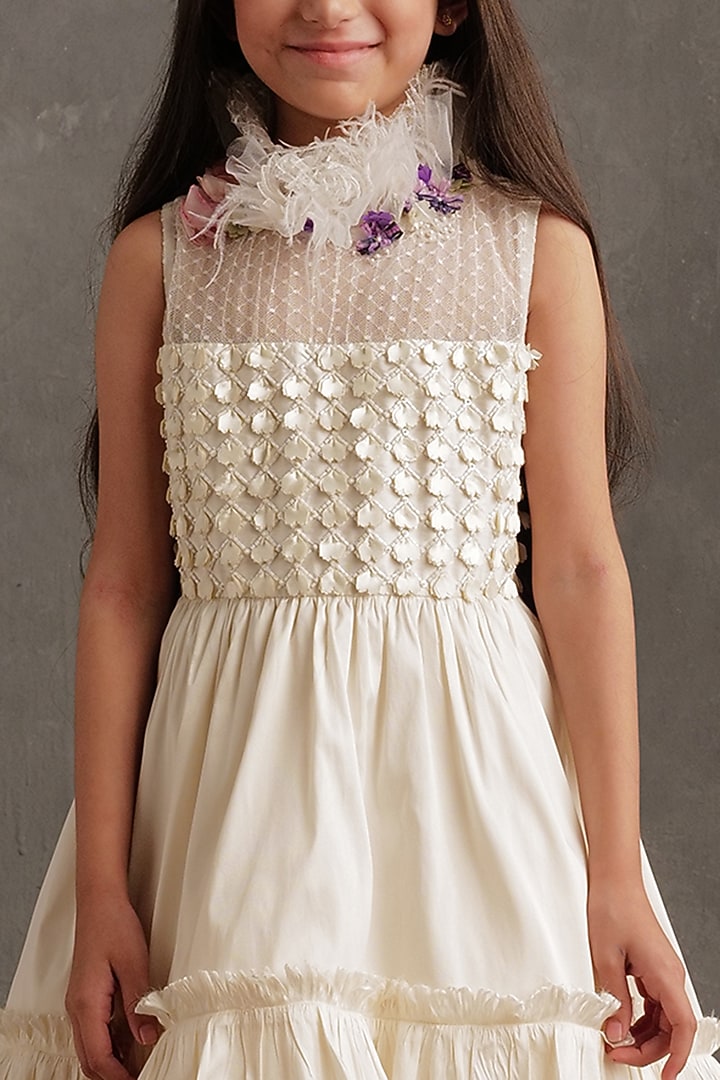 Ivory Taffeta & Tulle Embellished Frilled Dress For Girls by NSS Little Stars at Pernia's Pop Up Shop