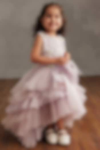 Lavender Semi Hard Net Embellished Frilled Dress For Girls by NSS Little Stars